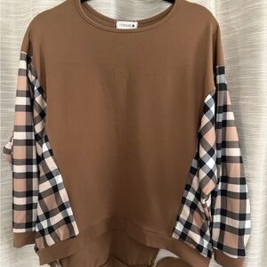 SOLD Nuggles Brown Plaid Sleeve Top